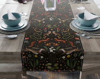 Dark Forest Table Runner, Dark Cottagecore Fairy Forest Table Runner, Dark Forest Theme Dining Decor, Forest Creatures Witchy Table Runner