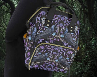 Gothic Violet Ravens Multifunctional Backpack, Witchy Crows Backpack, Dark Academia Gothic Book Bag Gift, Crowcore Whimsigoth Laptop Bag