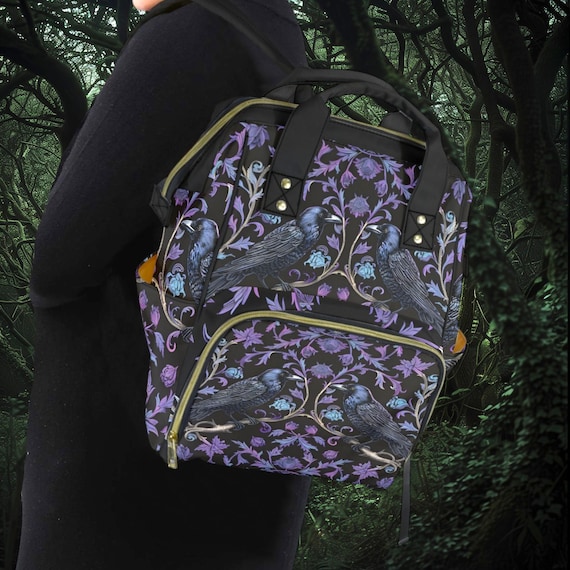 Gothic Violet Ravens Multifunctional Backpack, Witchy Crows