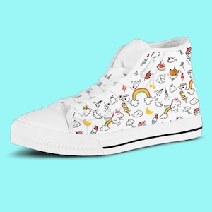 Kawaii Doodles High Top Sneakers, Cute Sneakers, Unicorn Motif, Doodle Animals, Alternative Girls, Otaku Girls, Weeaboo Teen Girl Sneakers