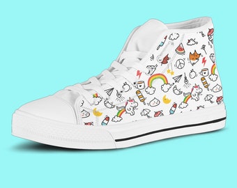 Kawaii Doodles High Top Sneakers, Cute Sneakers, Unicorn Motif, Doodle Animals, Alternative Girls, Otaku Girls, Weeaboo Teen Girl Sneakers