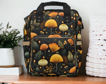 Boho Mushrooms and Forest Ferns Multifunctional Backpack Diaper Bag, Modern Mushroom Motif Nursery Baby Gear, Dark Cottagecore Mama Baby Bag