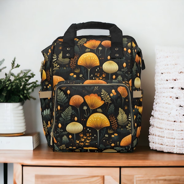 Boho Paddestoelen en Bosvarens Multifunctionele Rugzak Luiertas, Moderne Paddestoelmotief Kinderkamer Babyspullen, Donkere Cottagecore Mama Babytas