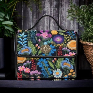 Boho FAUX-Embroidery Dark Cottagecore Botanical Satchel bag, Dark Moody Floral Motif Purse, Fairy Grunge Handbag, Witchy Hippie Boho Purse