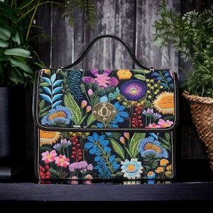 Boho FAUX-Stickerei Dark Cottagecore Botanische Satchel Tasche, Dark Moody Floral Motiv Geldbörse, Fairy Grunge Handtasche, Witchy Hippie Boho Geldbörse
