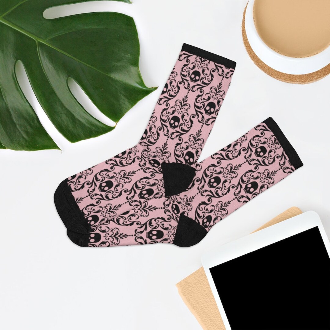 Black Skulls on Pink Socks, Pastel Goth Socks, Pastel Halloween Socks