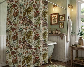 Enchanted Forest Woodland Bird & Mushroom Shower Curtain and Bathmat Set, Goblincore Forest Animals, Ferns, Nature Decor, Made in the USA