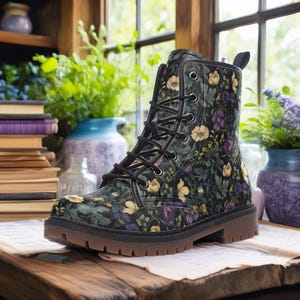 Dark Floral Vegan Leather Combat Boots, Purple Gold Flowers Boho boots, Whimsigoth Floral Boots, Witchy Floral Boots, Chunky Floral Boots