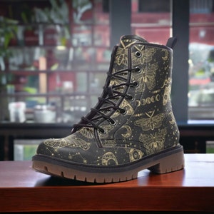 Witchy Celestial Moths Vegan Leather Combat Boots, Witchy Combat Boots, Magick Moths Boots, Boho Witch Boots, Fairy Grunge Faux Leather Boot