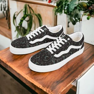 Witchy Forest Moons Celestial Women&#39;s Lace Up Old School Skate Style Sneakers, Celestial Low Tops, Dark Nature Shoes, Dark Cottagecore Shoes