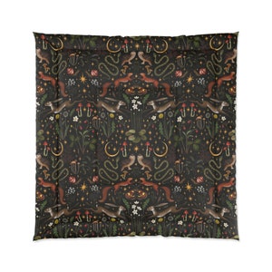 Boho Fairy Forest Comforter Queen, Dark Cottagecore Bedding, Mushrooms Forest Creatures Dark Nature Aesthetic, Woodland Cottage Bedding King