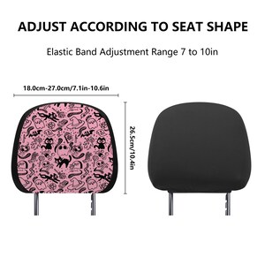 May include: A pink and black car headrest with a spooky Halloween pattern. The headrest is adjustable to fit different seat sizes, with an elastic band that adjusts from 7 to 10 inches. The headrest measures 26.5 cm (10.4 inches) in height and 18 to 27 cm (7.1 to 10.6 inches) in width.