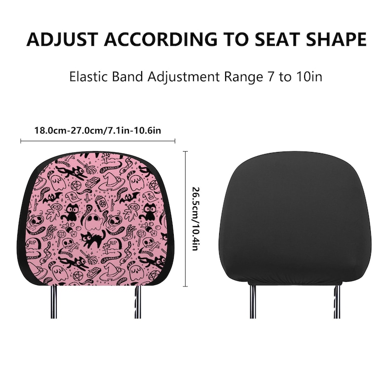 May include: A pink and black car headrest with a spooky Halloween pattern. The headrest is adjustable to fit different seat sizes, with an elastic band that adjusts from 7 to 10 inches. The headrest measures 26.5 cm (10.4 inches) in height and 18 to 27 cm (7.1 to 10.6 inches) in width.