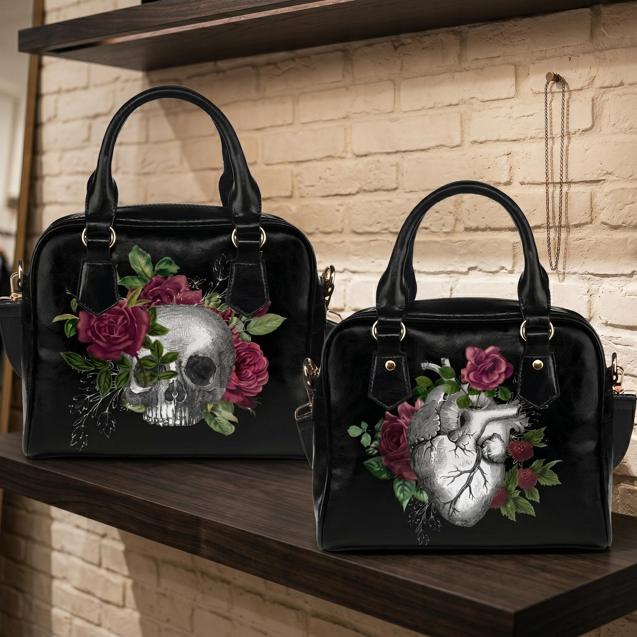 Gothic Skull Dark Heart Roses Handbag, Goth Girl Vegan Leather 