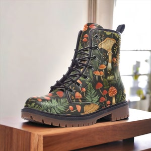 Goblincore Boots, Forest Mushrooms Combat Boot, Vegan Combat Boots, Forest Fairy Grunge Boots, Faecore Mushroom Ferns Forest Print Boots,