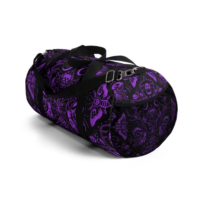 Violet Goth Duffel Bag, Witchcore Clothing, Goth Skulls Moths Duffel Bag, Goth Girl Gym Bag, Gothic Weekender bag, Pastel Witchy Duffel Bag image 12