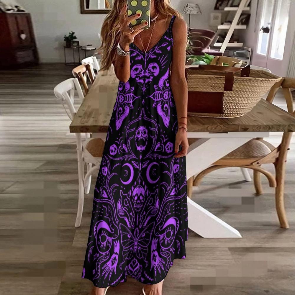 Purple Gothic Witchy Sling Ankle Long Dress, Goth Girl Maxi