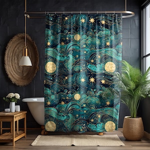 Celestial Starry Nights shower curtain & Bath Mat, Celestial Bathroom Decor, Mystical Witchy Bathroom Set, Stars Moons Shower Curtain Mat