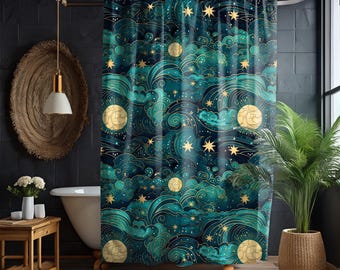 Cortina de ducha y alfombrilla de baño con temática de noches estrelladas celestiales, decoración de baño celestial, juego de baño místico de brujas, alfombrilla de ducha con estrellas y lunas.