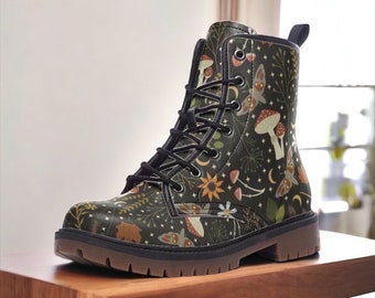 Goblincore Boots, Woodland Mushrooms Combat Boot, Vegan Combat Boots, Witchcore Festival Club Boot, Faecore Mushroom Butterly Print Boots,