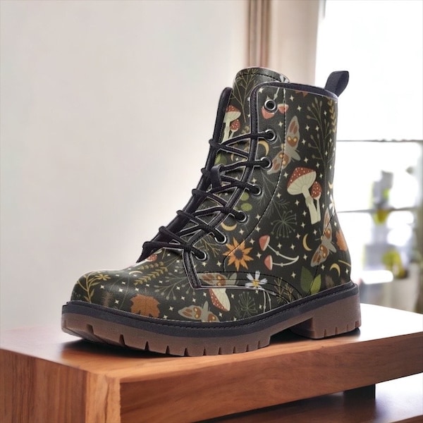 Goblincore Boots, Woodland Mushrooms Combat Boot, Vegan Combat Boots, Witchcore Festival Club Boot, Faecore Mushroom Butterly Print Boots,