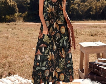 Witchy Dark Forestcore Mushroom Maxi Dress, Autumn Witchy Hippie Long Dress