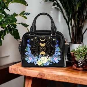 Floral Zodiac Handtasche, Dark Cottagecore Vegan Leder Cross-Body-Geldbörse, Boho Witchy Celestial Fairycore Geldbörse, okkulte Handtasche, Dark Academia