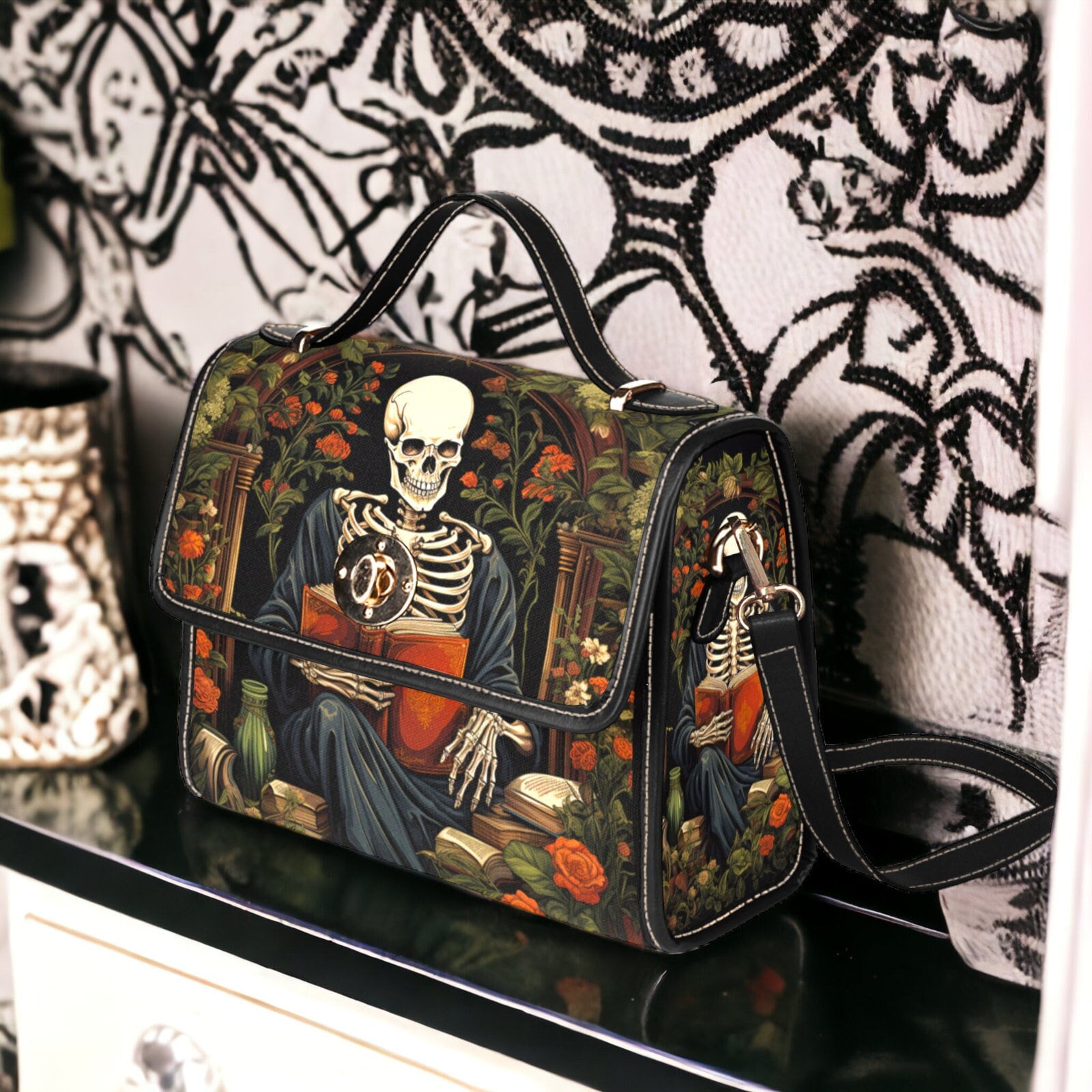 Gothic Skeleton Reading Satchel, Dark Academia Skeleton Library
