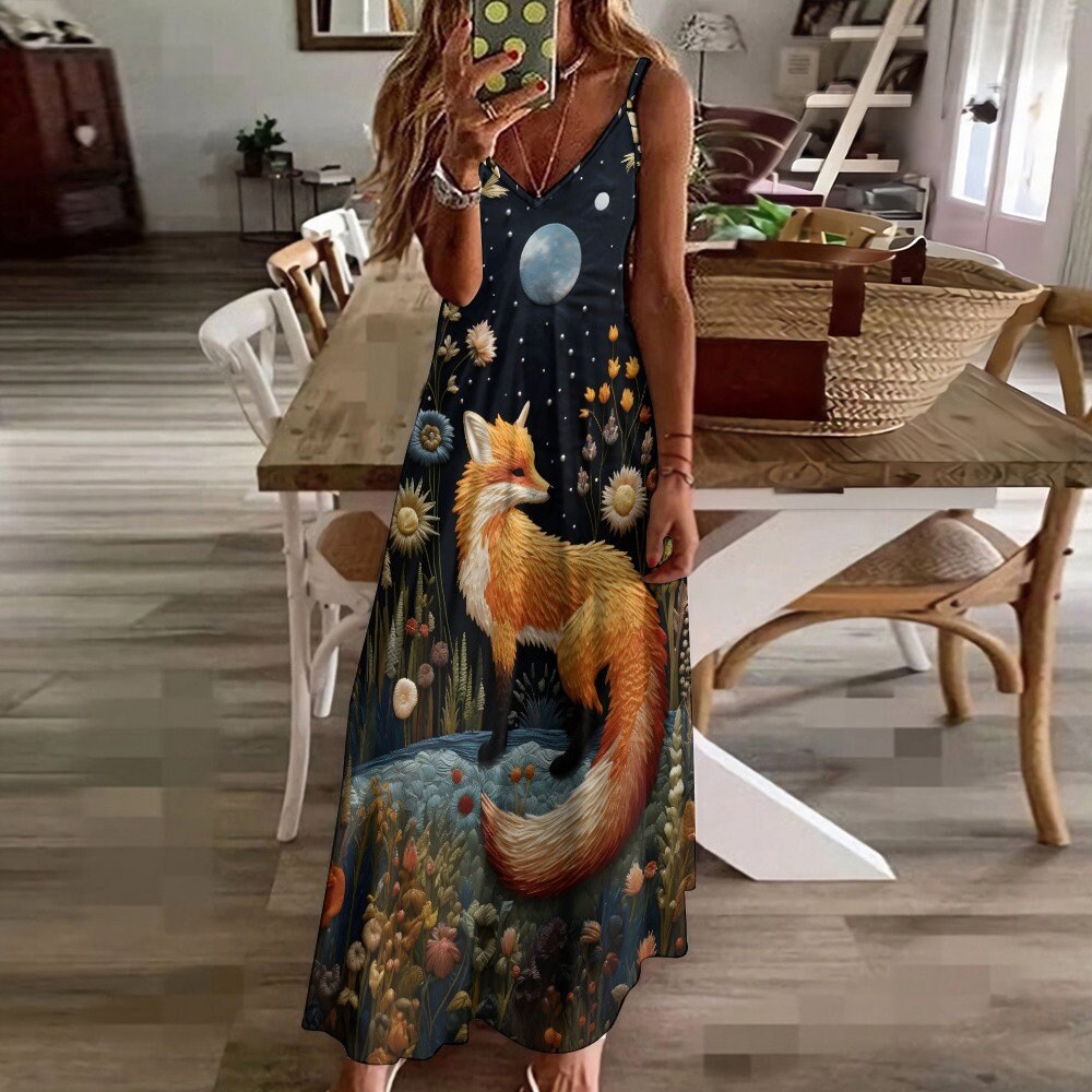 Dark Cottagecore Fox Flowers Moon Maxi Dress, Dark Forestcore Fox Dress,  Boho Woodland Fox Motif Dress, Witchy Hippie Mystical Fox Dress - Etsy