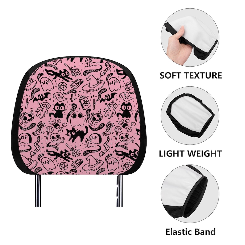 Pink Spooky Cute Car Seat Covers, Pastel Witchy Car Decor, Creepy Cute Seat Covers, Pink Halloween Seat Covers, Goth Girl Pink Car Decor image 9