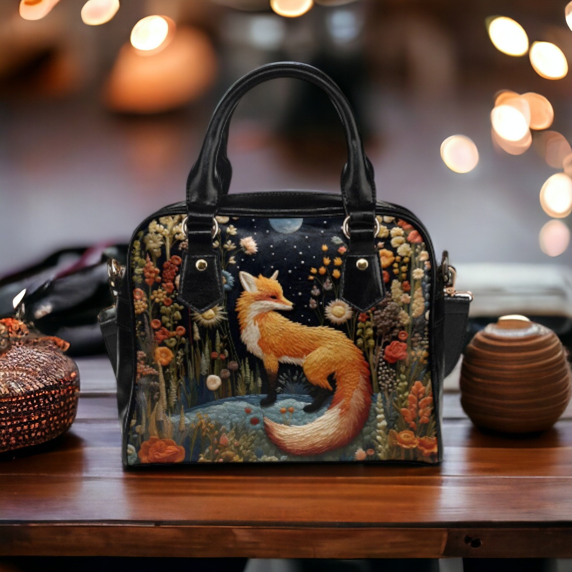 Faux-embroidered Fox Vegan Leather Bowler Purse, Boho Cottagecore