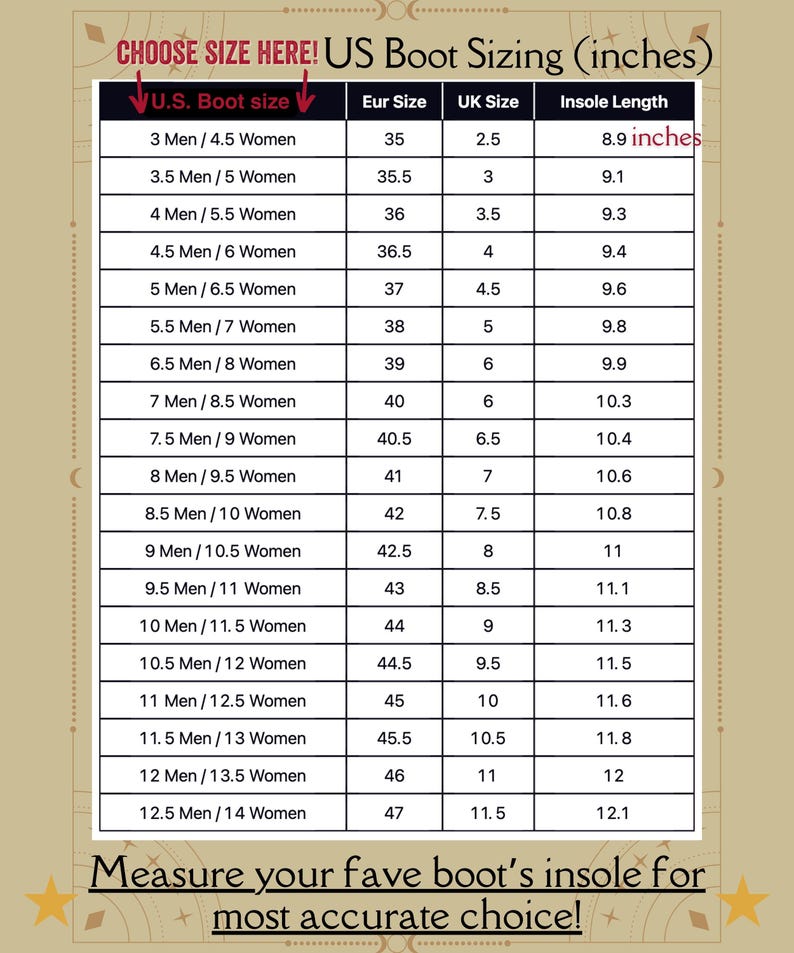 May include: A chart showing US boot sizing in inches, with corresponding European and UK sizes. The chart lists men's and women's sizes, with insole length measurements in inches.