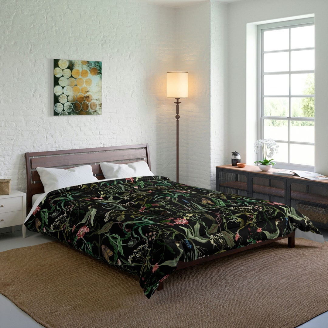 Dark Cottagecore Comforter Queen, King Twin Dark Moody Floral Bedding