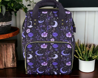 Purple Moons & Flowers Backpack, Cute Witchy Floral Laptop  display picture 2