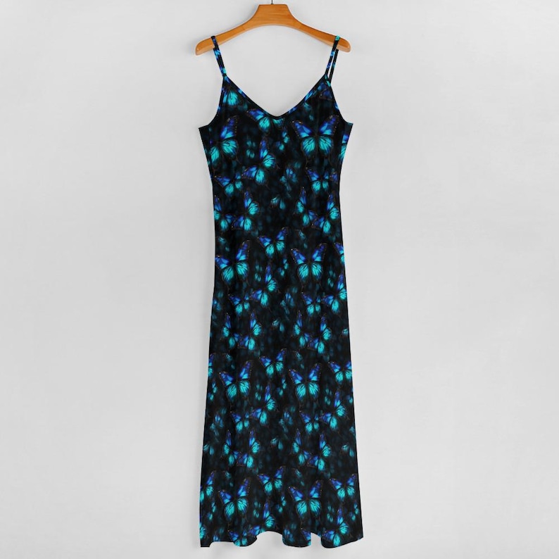 Vestido largo estilo boho con estampado de mariposas Morpho, vestido largo azul con estampado de mariposas, vestido largo boho estilo bruja hippie, vestido de fiesta de verano, vestido de playa. imagen 4