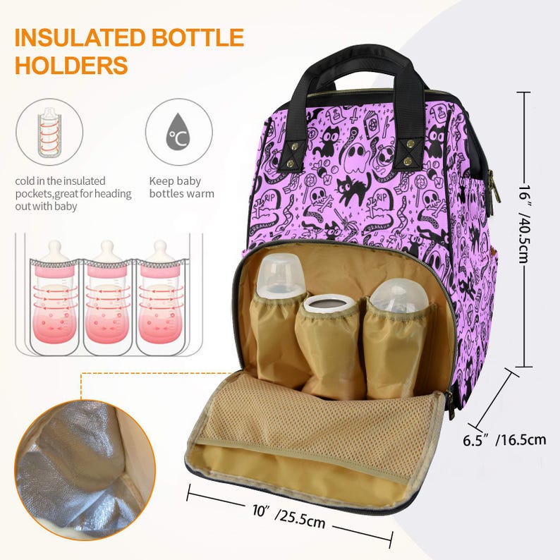 May include: A purple and black patterned diaper bag with insulated bottle holders. The bag has a large main compartment and a smaller front pocket. The bag is 16 inches tall, 10 inches wide, and 6.5 inches deep.