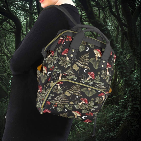 Dark Wood Mushrooms Moons Backpack, Dark Forestcore School Bag, Dark Cottagecore Bag, Forest Fairy Goblincore Backpack, Witchy Laptop Bag