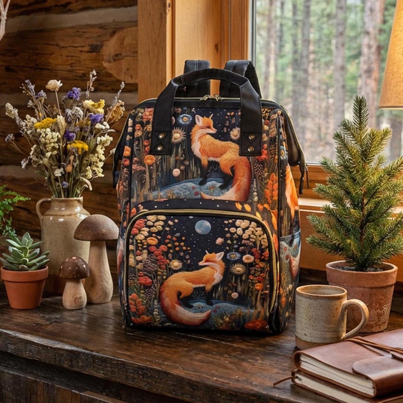 Faux-Embroidery Fox Diaper Backpack, Cottagecore Fox Mommy Bag, Storybook Fables Fox Bag, Forestcore Mama Cottage Nursery Shower Gift Bag image 2