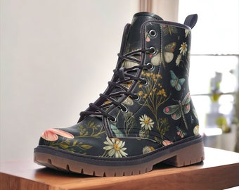 Bosheksenlaarzen, Goblincore-laarzen, Wildflowers & Butterflies-laarzen, Veganistische gevechtslaarzen, Witchcore, Naturecore Dragonflies Flowers-laarzen,