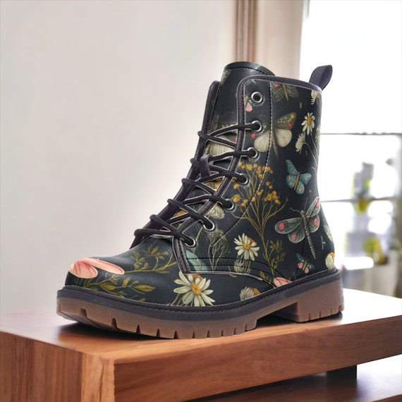 Forest Witch Boots Goblincore Boots Wildflowers Butterflies Boots Vegan Combat Boots Witchcore Naturecore Dragonflies Flowers Boots Etsy