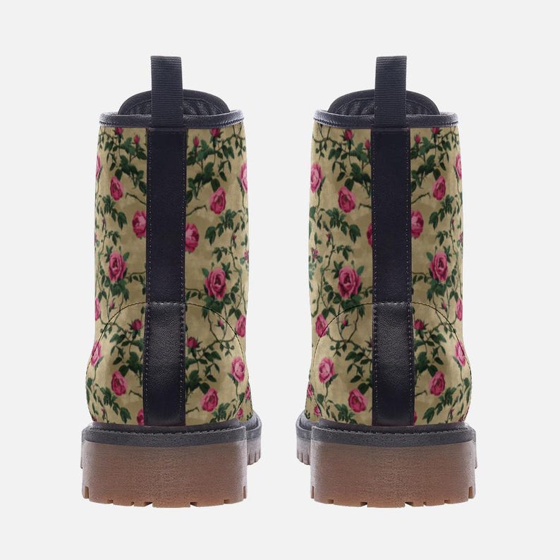 Vintage Cottage Roses Vegan Boots, Pink Roses & Taupe Combat Boots, Coquette Punk Boots, Cottagecore Rose Garden Boots, Rose Bridal Boots image 5