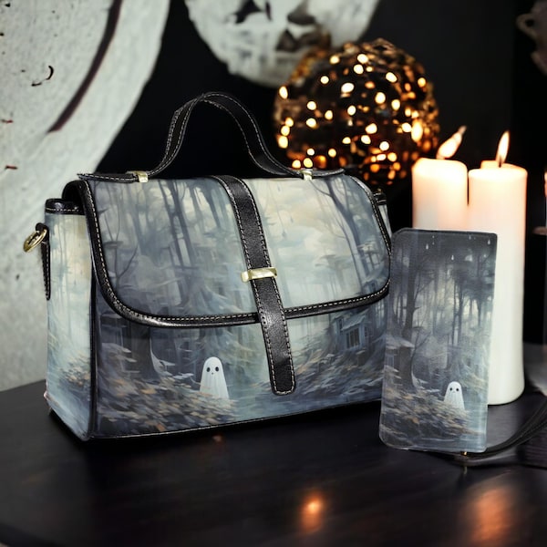 Sweet Lonely Ghostie Dokterstas en portemonneeset, Cottage Goth-handtassenset, Gothic Ghost-portemonneeset, Haunted Forest Ghost-portemonnee, Goth Girl-cadeaus