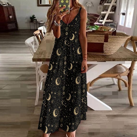 Celestial Moons Maxi Dress Dark Cottagecore Maxi Dress, Witchy Moons Boho  Dress, Ethereal Dress, Whimsigoth Maxi Dress, Occult Pattern Dress