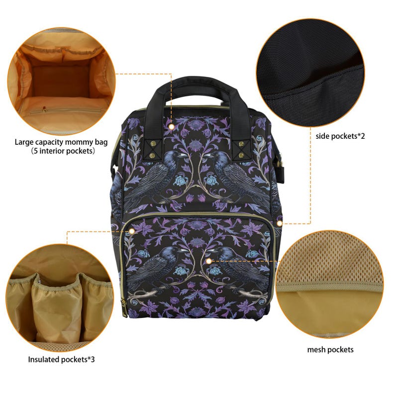 May include: A black and purple floral print diaper bag with multiple pockets. The bag has a large main compartment, side pockets, insulated pockets, and mesh pockets. The bag is designed for carrying baby essentials.