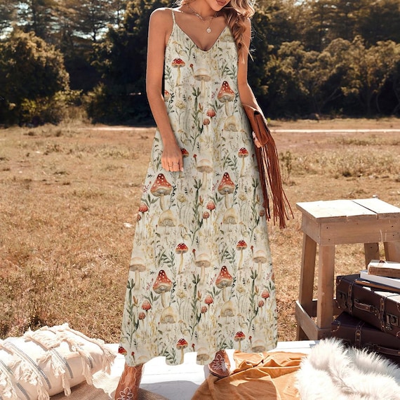 Cottagecore Mushroom and Floral Print Dress, Fairycore