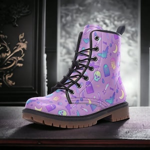 Pastel Witch Vegan Leather Combat Boots Coffins & Crows Boots Creepy Cute Boots Violet Kawaii Witch Boots Pastel Witchcore Boots, Teen Boots