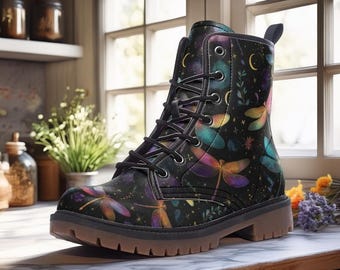 Dragonfly Moon Lace-Up Ankle Boots: Goth Cottagecore Vegan Leather