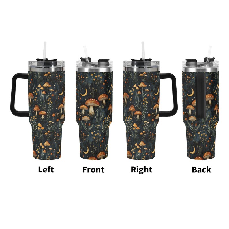 Mushroom Forest 40oz Stainless Steel Tumbler With Black Handle & Straw, Dark Cottagecore Forestcore Gifts, Goblincore Tumbler, Forest Mug image 4