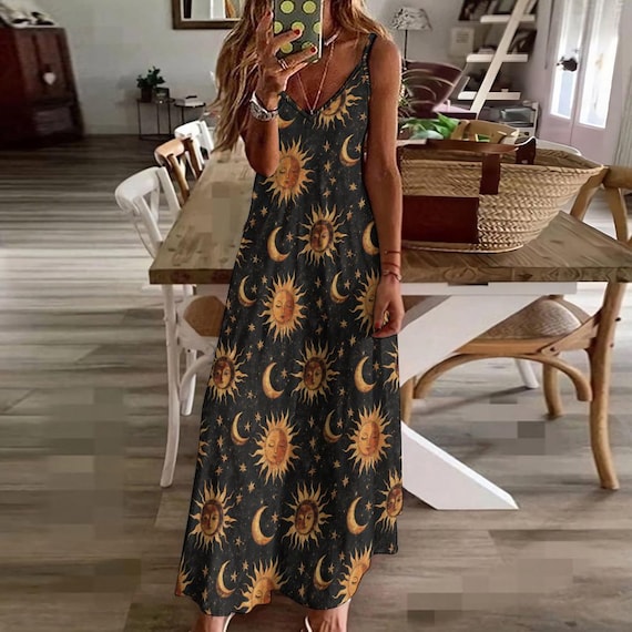 Whimsigoth Celestial Sun and Moon Maxi Dress, Witchy Spaghetti