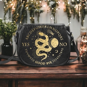 Boho Faux Gold Snake Ouija Crossbody Saddle Bag Purse, Vegan Leather Witchy Bag, Mystical Snake Ouija Whimsigoth Purse, Witchy Woman Gift